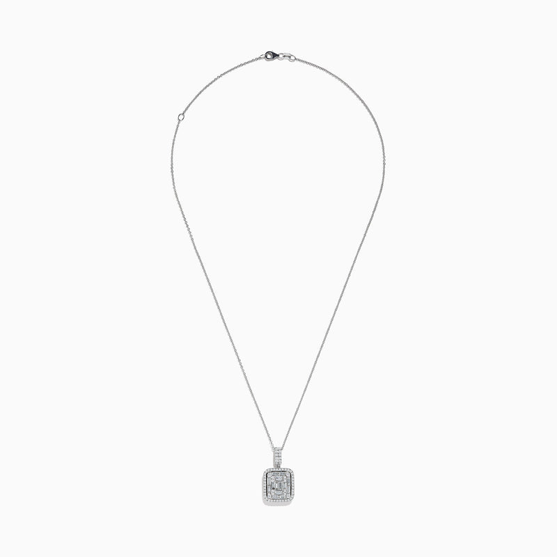A delicate Classique 14K White Gold Diamond Pendant featuring a square design with baguette and round-cut diamonds in a geometric pattern, suspended from a fine chain.