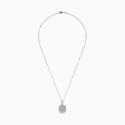 A delicate Classique 14K White Gold Diamond Pendant featuring a square design with baguette and round-cut diamonds in a geometric pattern, suspended from a fine chain.
