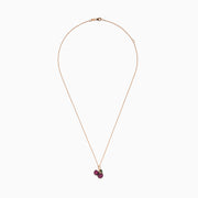 The 14K Rose Gold Ruby and Tsavorite Pavé Double Cherries Pendant features two round ruby pavé cherries and a sparkling tsavorite leaf accent on a delicate rose gold necklace.