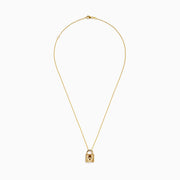 The Signature 14K Yellow Gold Black Diamond Lock Pendant features a padlock-shaped pendant with a sculpted animal face and black diamond accents, hanging from a delicate yellow gold chain on a white background.