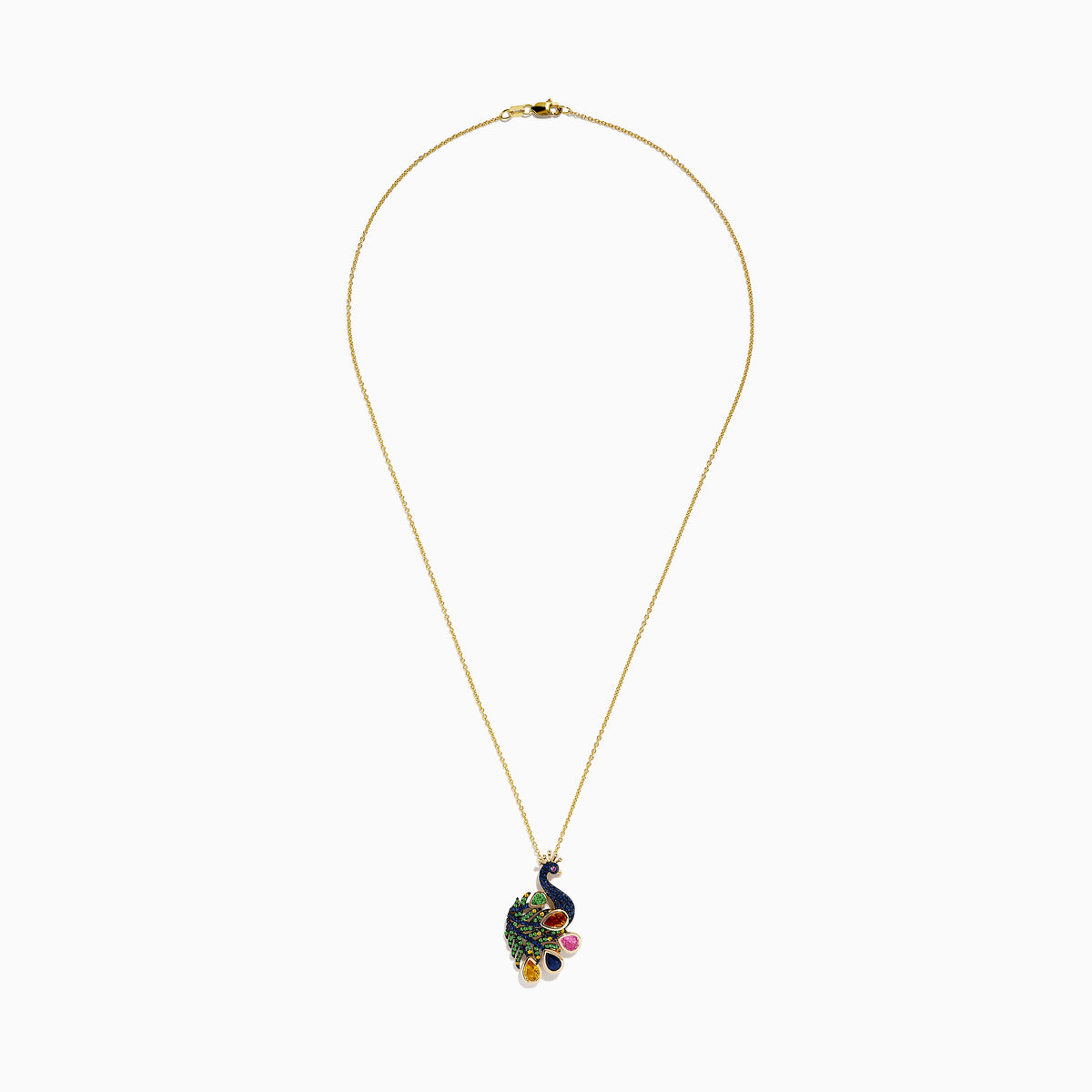The Safari 14k Yellow Gold Multi Sapphire Peacock Pendant features a vibrant peacock design with blue, green, pink, yellow, and orange sapphire accents on a stunning gold chain necklace.