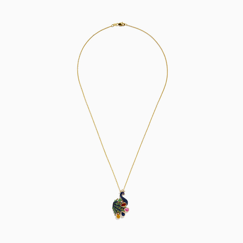 The Safari 14k Yellow Gold Multi Sapphire Peacock Pendant features a vibrant peacock design with blue, green, pink, yellow, and orange sapphire accents on a stunning gold chain necklace.