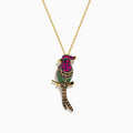 The Safari 14K Yellow Gold Ruby Tsavorite and Diamond Cardinal Pendant features a bird-shaped design with colorful ruby, green tsavorite, and diamond accents, shown on a yellow gold chain against a plain white background.