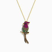 The Safari 14K Yellow Gold Ruby Tsavorite and Diamond Cardinal Pendant features a bird-shaped design with colorful ruby, green tsavorite, and diamond accents, shown on a yellow gold chain against a plain white background.