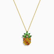 The 14K Yellow Gold Multi Sapphire, Tsavorite, and Diamond Pineapple Pendant features a colorful fruit-inspired design on a delicate chain—a vibrant statement accessory.