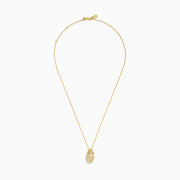 The Novelty 14K Yellow Gold Diamond Pineapple Pendant features a delicate gold chain and crisscrossed white gemstones, creating a charming accent against a white background.