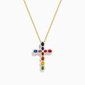 The Watercolors 14K Yellow Gold Cross Pendant features a yellow gold chain and cross adorned with colorful gemstones in various shapes, accented by small white stones, creating a rainbow effect.