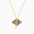 The Seaside 14K Yellow Gold Multi Sapphire and Diamond Stingray Pendant features vibrant yellow, blue, green, and purple sapphires with a diamond on a fine gold chain, set against a white background.