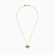 The Seaside 14K Yellow Gold Multi Sapphire and Diamond Stingray Pendant features vibrant yellow, blue, green, and purple sapphires with a diamond on a fine gold chain, set against a white background.