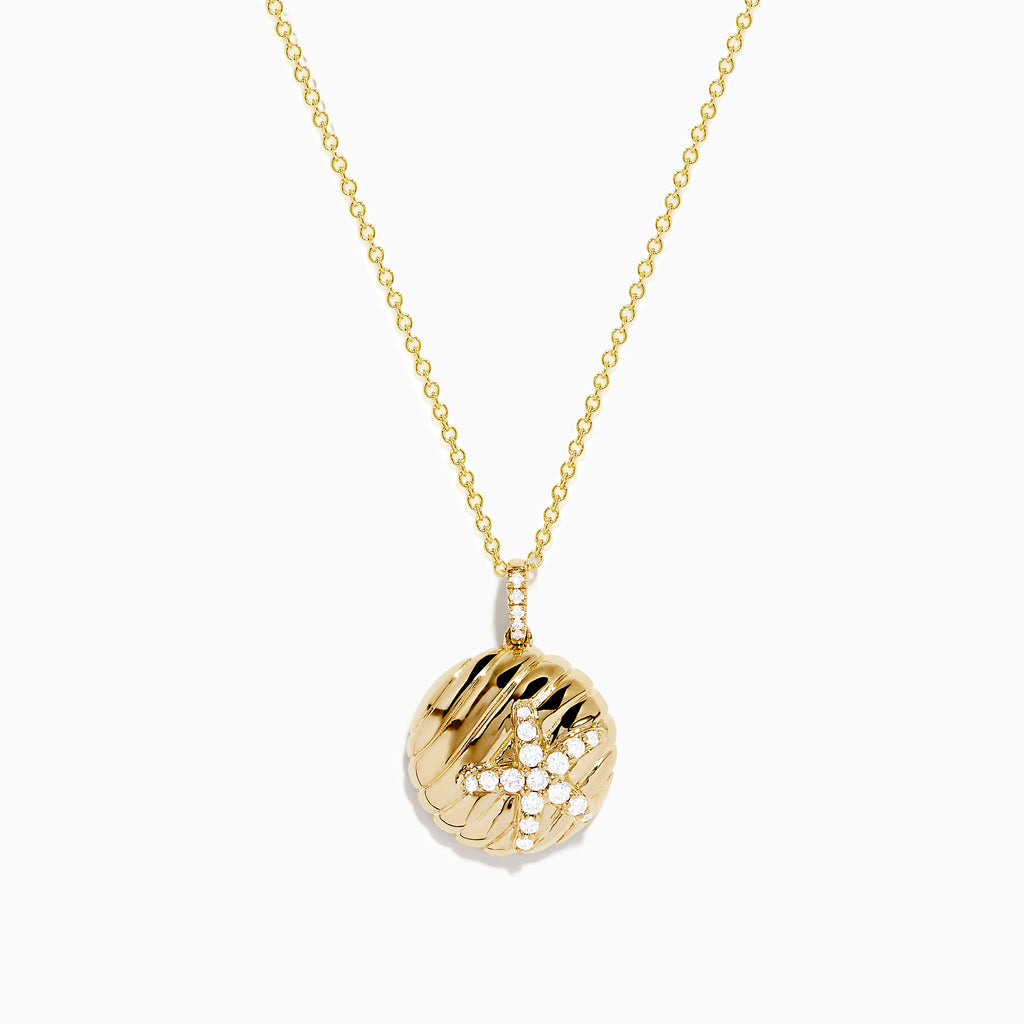 The Seaside 14K Yellow Gold Diamond Starfish Pendant features a round, textured yellow gold pendant with a diamond starfish design at the center and hangs from a delicate top-attached chain.