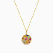 The Watercolors 14K Yellow Gold Multi Color Coin Pendant necklace features vibrant, watercolor-like gemstones in various sizes, showcased on a plain white background.