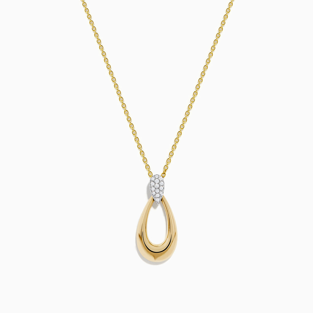 The 14K Two-Tone Gold and Diamond Dewdrop Pendant features a teardrop design with a cluster of diamonds at the top, elegantly displayed against a white background.