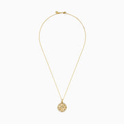 The 14K Yellow Gold Diamond Compass Rose Medallion Pendant features a round diamond compass design with a central gemstone and sparkling border, elegantly suspended from a delicate gold chain.