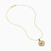 The 14K Yellow Gold Diamond Compass Rose Medallion Pendant features a round diamond compass design with a central gemstone and sparkling border, elegantly suspended from a delicate gold chain.