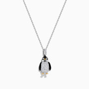 The Seaside 14K Two Tone Gold Diamond Penguin Pendant features black, white, and gold accents with sparkling diamond details for a charming look. Photographed against a plain white background.