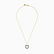 The Signature 14K Yellow Gold Black Diamond Panther Pendant features a panther head outline accented with black diamonds on a yellow gold chain, showcased on a white background.
