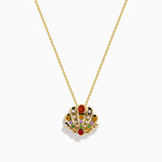 The 14K Yellow Gold Multi Sapphire and Diamond Scallop Shell Fan Pendant features a colorful, ornate design—an elegant and vibrant alternative to traditional diamond or sapphire jewelry.
