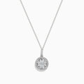 Bouquet 14K White Gold Diamond Cluster Pendant 1.04 TCW displayed on a silver chain, featuring sparkling diamonds in a round cluster with a halo, set in 14K white gold against a plain white background.