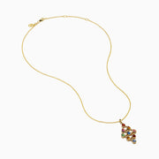 The Watercolors 14K Yellow Gold Multi Sapphire Chandelier Pendant is a gold chain necklace featuring nine teardrop-shaped multicolored sapphires in a geometric pattern.