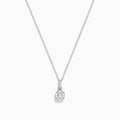 The Classique 14K White Gold Diamond Pendant features a sparkling rectangular-cut diamond with a smaller round diamond above it on a delicate chain, shown against a plain white background.