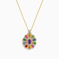 The Watercolors 14K Yellow Gold Multi Sapphire Pendant features an ornate design with vibrant pink, blue, green, yellow, and orange sapphires on a classic gold chain.