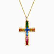 Watercolors 14K Yellow Gold Multi Sapphire and Diamond Rainbow Cross Pendant