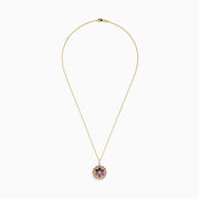 The Watercolors 14K Yellow Gold Pendant features a flower-shaped diamond design with multi sapphire gemstones and a border of small diamonds, shown on a white background.