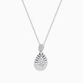The Classique 14K White Gold Diamond Pendant features a teardrop-shaped diamond centerpiece, surrounded by sparkling diamonds in a sunburst design, suspended on a delicate white gold chain against a white background.