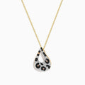 The Signature 14K Yellow Gold Multi Diamond Leopard Spot Pendant features a modern teardrop design with black, brown, and silver textured patterns, plus an open center for a stylish touch.