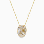 The Doro 14K Yellow Gold Diamond Crossover Pendant (1.03 TCW) features overlapping bands set with sparkling diamonds, elegantly crafted on a gold chain.