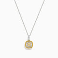The Canare 14K 2-Tone Gold Cushion Double Halo Yellow Diamond Pendant showcases a square yellow diamond with two halos—smaller yellow stones and clear stones—on a delicate silver chain necklace.