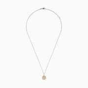 The Canare 14K 2-Tone Gold Cushion Double Halo Yellow Diamond Pendant showcases a square yellow diamond with two halos—smaller yellow stones and clear stones—on a delicate silver chain necklace.