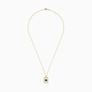 The Casino 14K Yellow Gold Diamond and Sapphire Spade Card Pendant is a yellow gold necklace with a rectangular ace of spades design, diamond accents, and a large sapphire blue spade in the center.