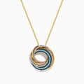 A 14K Yellow Gold Blue and White Diamond Circle Pendant with intertwined loops of gold, silver, and blue pavé-set stones in a swirling design reminiscent of an elegant Blue Diamond Pendant.