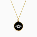 The Novelty 14K Yellow Gold Black Agate and Diamond Evil Eye Pendant features a round black agate with a diamond-studded evil eye on a gold chain, shown against a white background.