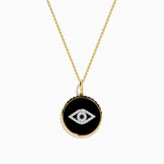 The Novelty 14K Yellow Gold Black Agate and Diamond Evil Eye Pendant features a round black agate with a diamond-studded evil eye on a gold chain, shown against a white background.