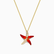 The Seaside 14K Orange Enamel and Diamond Starfish Pendant features a gold chain with an orange enamel starfish charm accented by diamond details, shown against a white background.
