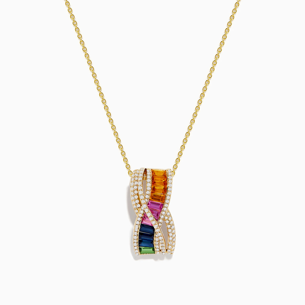 The Watercolors 14K Yellow Gold Multi Sapphire Pendant features a twisting double helix design adorned with multicolored sapphires and bordered by small white stones for extra brilliance.