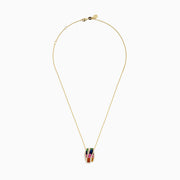 The Watercolors 14K Yellow Gold Multi Sapphire and Diamond Pendant features wavy stripes of green, blue, purple, pink, and orange sapphires set between rows of sparkling diamonds for a vibrant, eye-catching look.