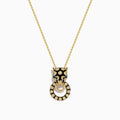 The Signature 14K Yellow Gold Diamond and Enamel Panther Pendant features a sparkling diamond-adorned circular ring gripped by a black and gold panther head, hanging from an elegant chain.