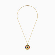 The Watercolors 14K Yellow Gold Multi Sapphire Evil Eye Pendant showcases a central eye motif encircled by vibrant, radiating sapphires in a striking sunburst design.