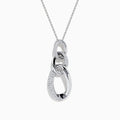 The Pave Classica 14K White Gold Diamond Interlocking Links Pendant features three oval links, two set with sparkling diamonds, hanging elegantly from a delicate white gold chain on a white background.
