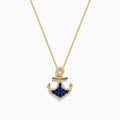 The Seaside 14K Yellow Gold Blue Sapphire and Diamond Anchor Pendant features a yellow gold necklace with sparkling blue sapphires and diamonds, showcased against a white background.