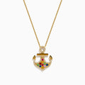 Introducing the Seaside 14K Yellow Gold Multi Sapphire and Diamond Anchor Pendant—a delicate gold necklace featuring a diamond anchor adorned with sapphires and colorful gemstones.
