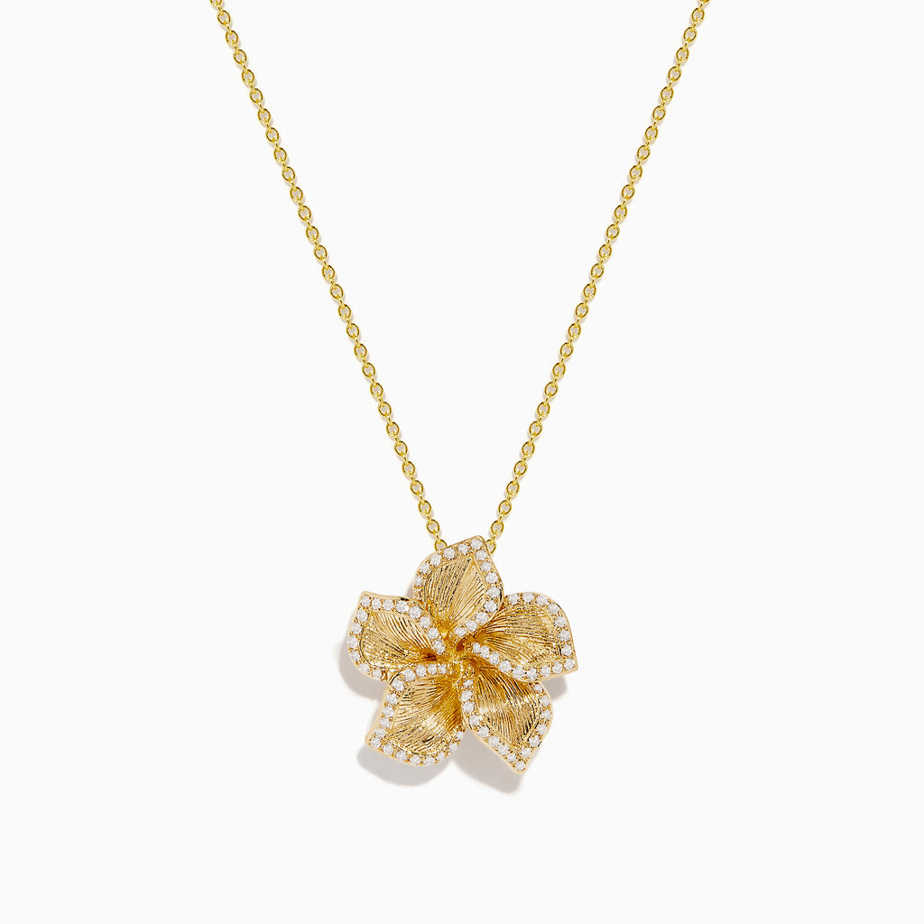 The Nature 14K Yellow Gold Diamond Flower Pendant features a delicate chain and a detailed, textured five-petal flower design.