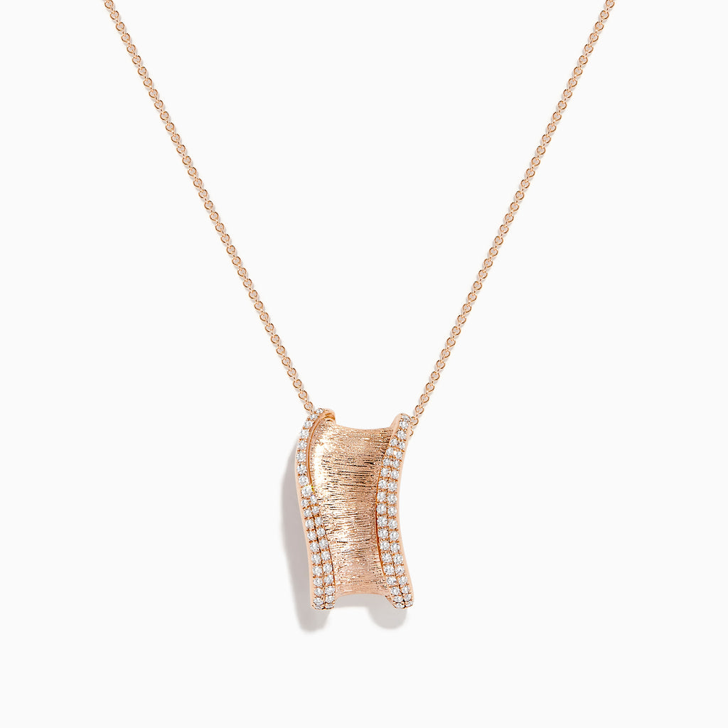 The Pave Rose 14k Textured Rose Gold Diamond Pendant features a curved, textured gold pendant with sparkling diamonds along the edges, displayed on a rose gold chain against a white background.
