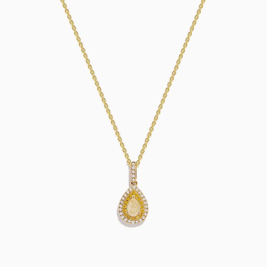 The Canare 14K Yellow Gold White and Yellow Diamond Pendant features a teardrop-shaped yellow diamond framed by two rows of white stones on a gold chain, shown on a white background.