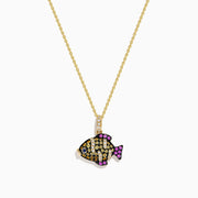 The 14K Yellow Gold Multi Sapphire and Diamond Tropical Fish Pendant features diamond accents, vibrant sapphires, a blue sapphire eye, pink fins, and a loop for attaching to your favorite chain.