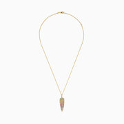 The Watercolors 14K Yellow Gold Multi Sapphire and Diamond Leaf Pendant features a yellow gold chain with a diamond leaf pendant adorned with green, red, blue, and clear sapphire gemstones.
