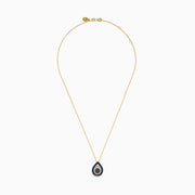 14K yellow gold chain necklace with an evil eye pendant featuring blue sapphire, black and white diamonds for a striking protective look, displayed on a white background.